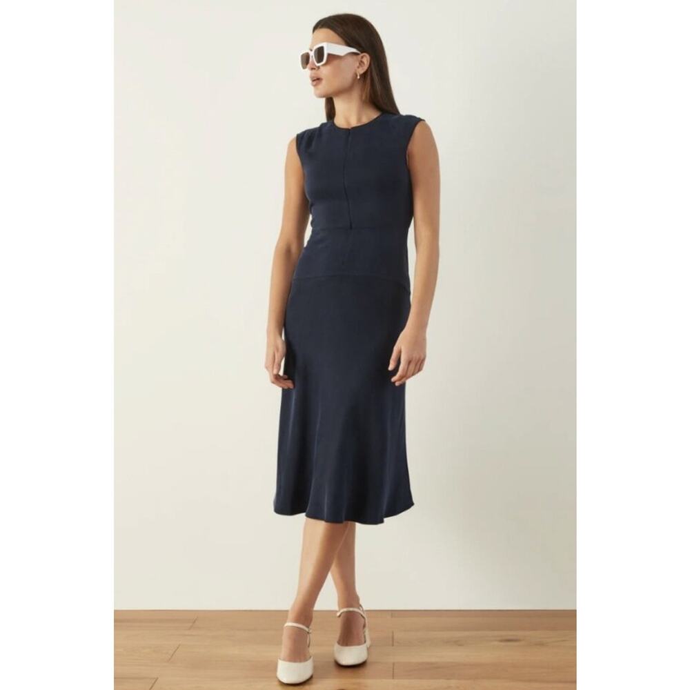 Aday Save the Date Dress Women Size large Navy Blue Sleeveless Cupro Midi